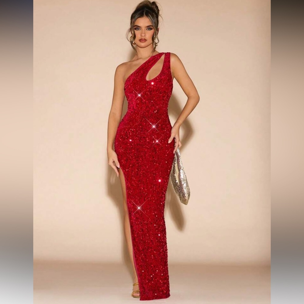 NEW Red Sequin One Shoulder Maxi Dress | Glam Evening Gown With Slit